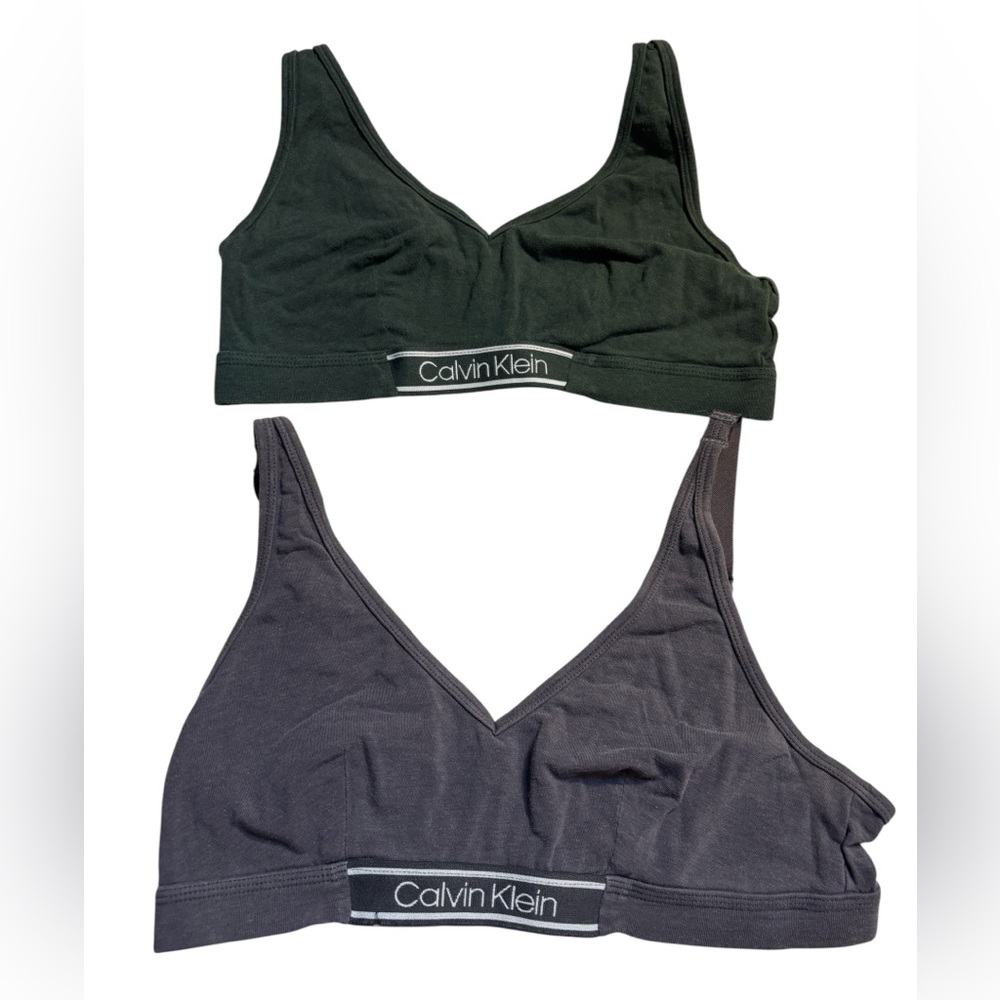 Calvin Klein SET 2 Bralettes Medium Black Olive V-Neck Stretchy Viscose Cotton